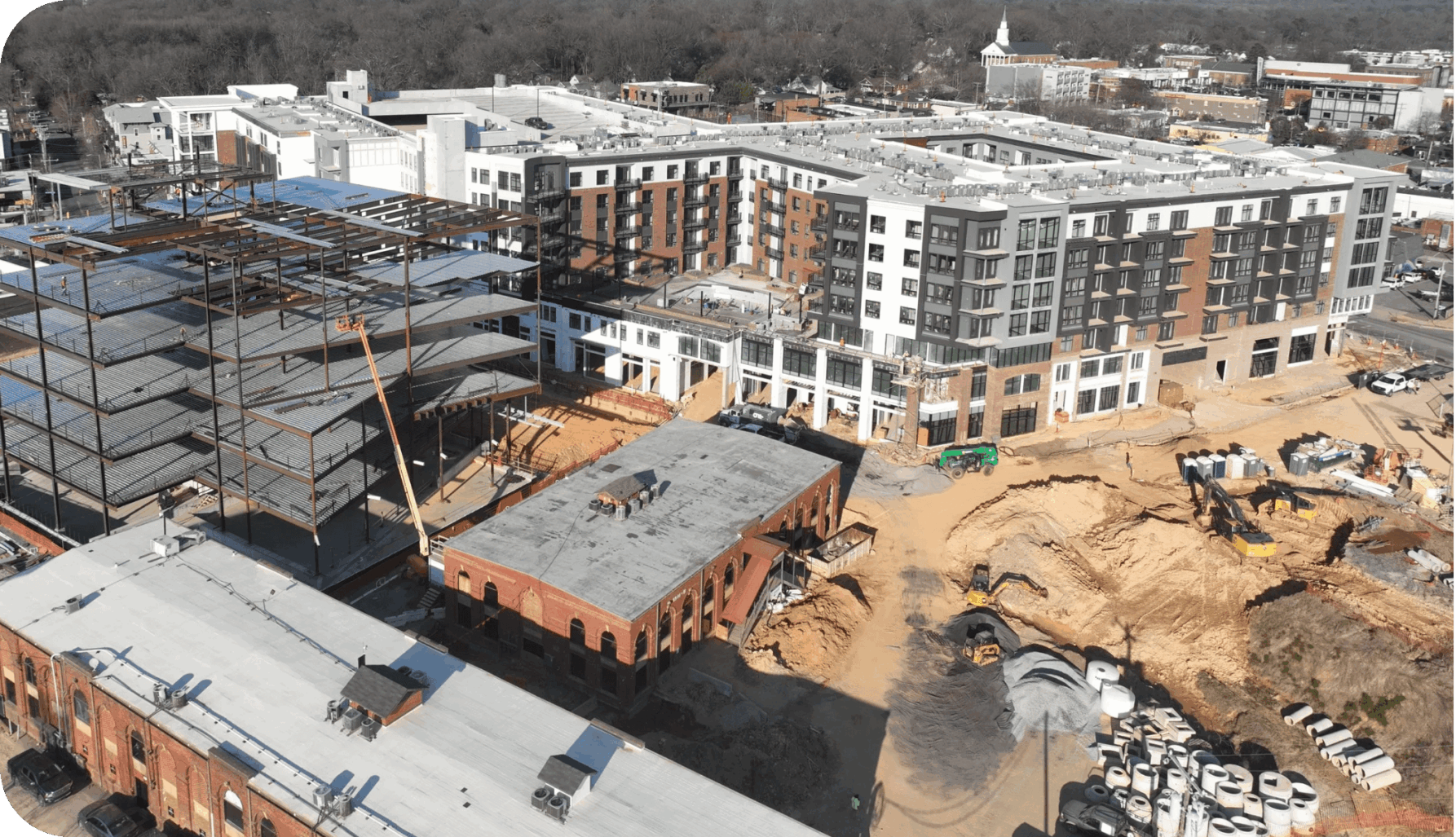 Construction site with buildings and machinery