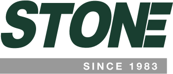 Dark green STONE logo, gray banner