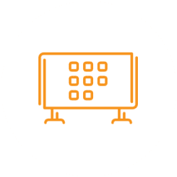Orange icon of a keypad on a stand against a white background.