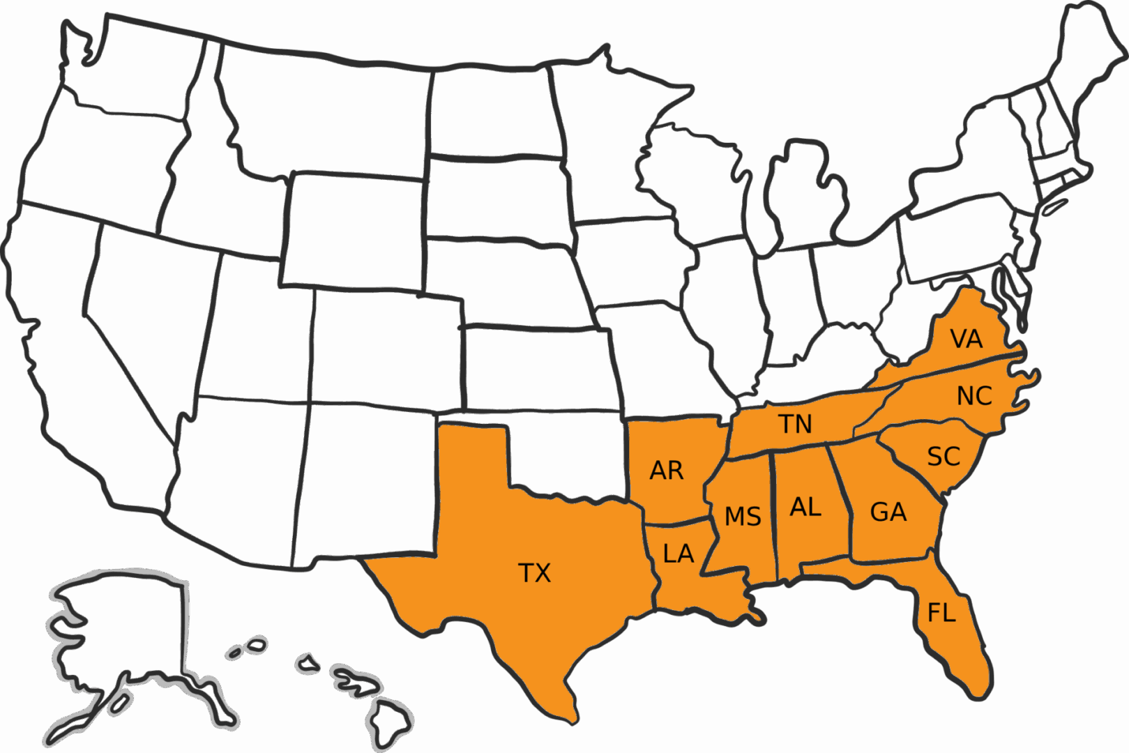 Map highlighting southern US states in orange.