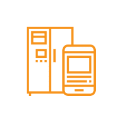 Orange line art of a vending machine and a payment terminal.