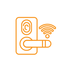 Orange smart lock with fingerprint and Wi-Fi symbol.