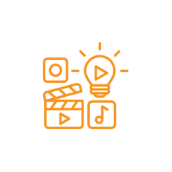 Orange icons representing video, music, and creative ideas in a circular design.